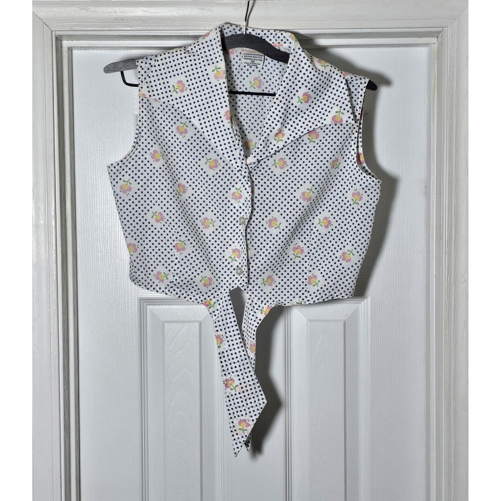 Vintage Ditzy Floral Polka Dot Tie Front Blouse Top Size 34 Small‎ White
